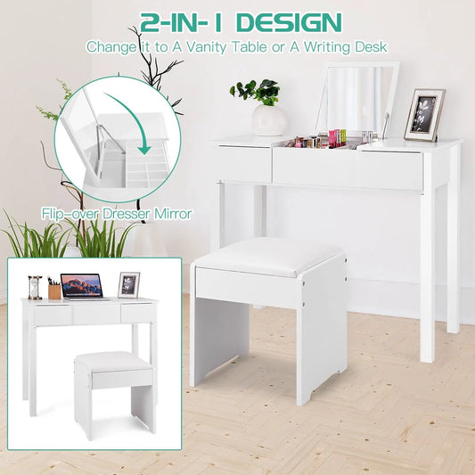 Vanity makeup dressing table set with flip mirror and cushioned stool, white finish on Tampa Home & Garden Store