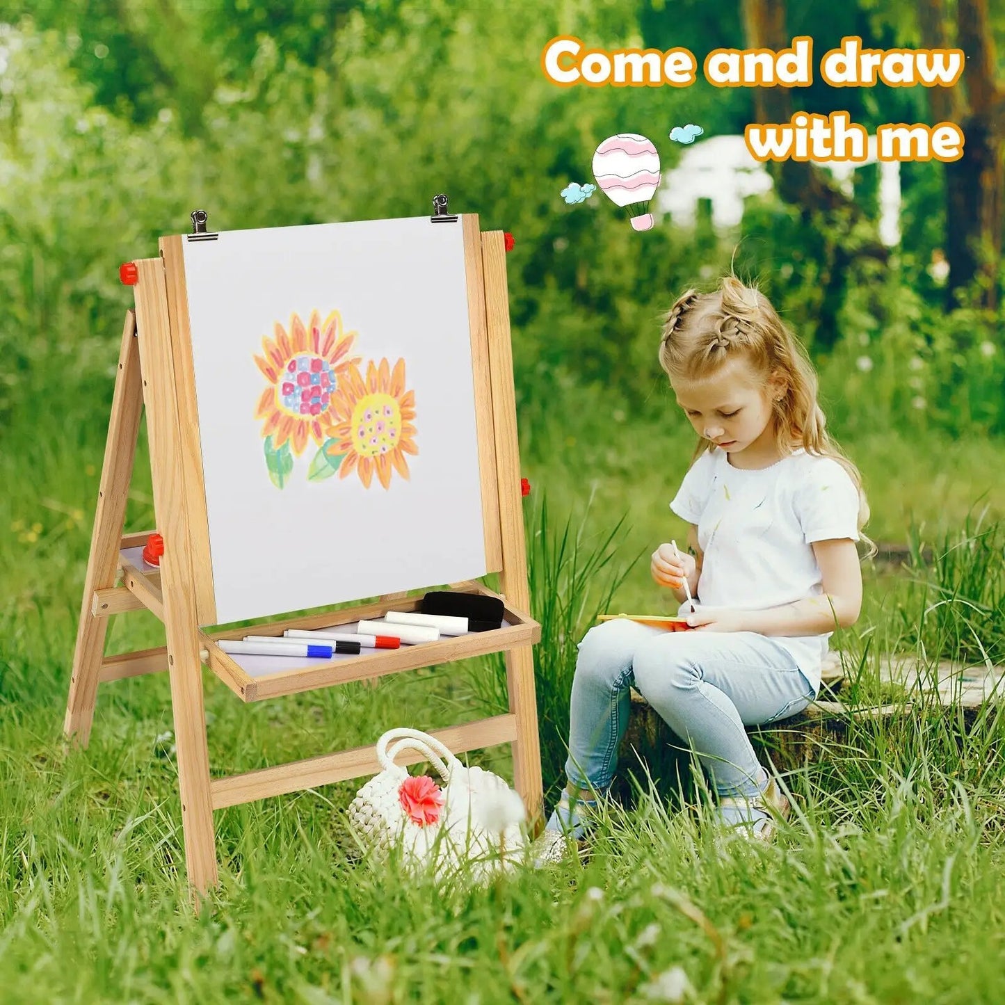 Kids Art Easel with Paper Roll and Whiteboard, wooden frame, marker tray on Tampa Home & Garden Store