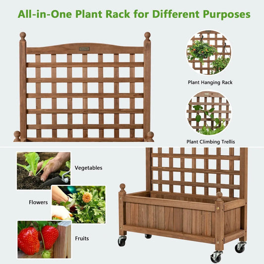 32in Wood Planter Box with Trellis brown lattice planter on caster wheels DirectDeals on Tampa Home & Garden Store