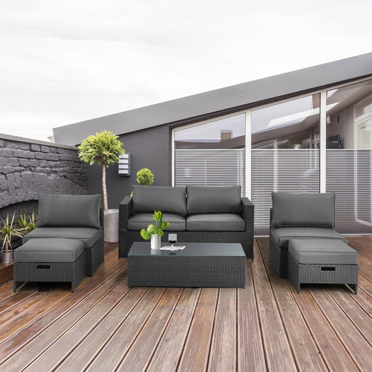 6 Pieces Patio Rattan Furniture Set with Glass Table and Cushioned Seat-Gray - Tampa Home & Garden Store