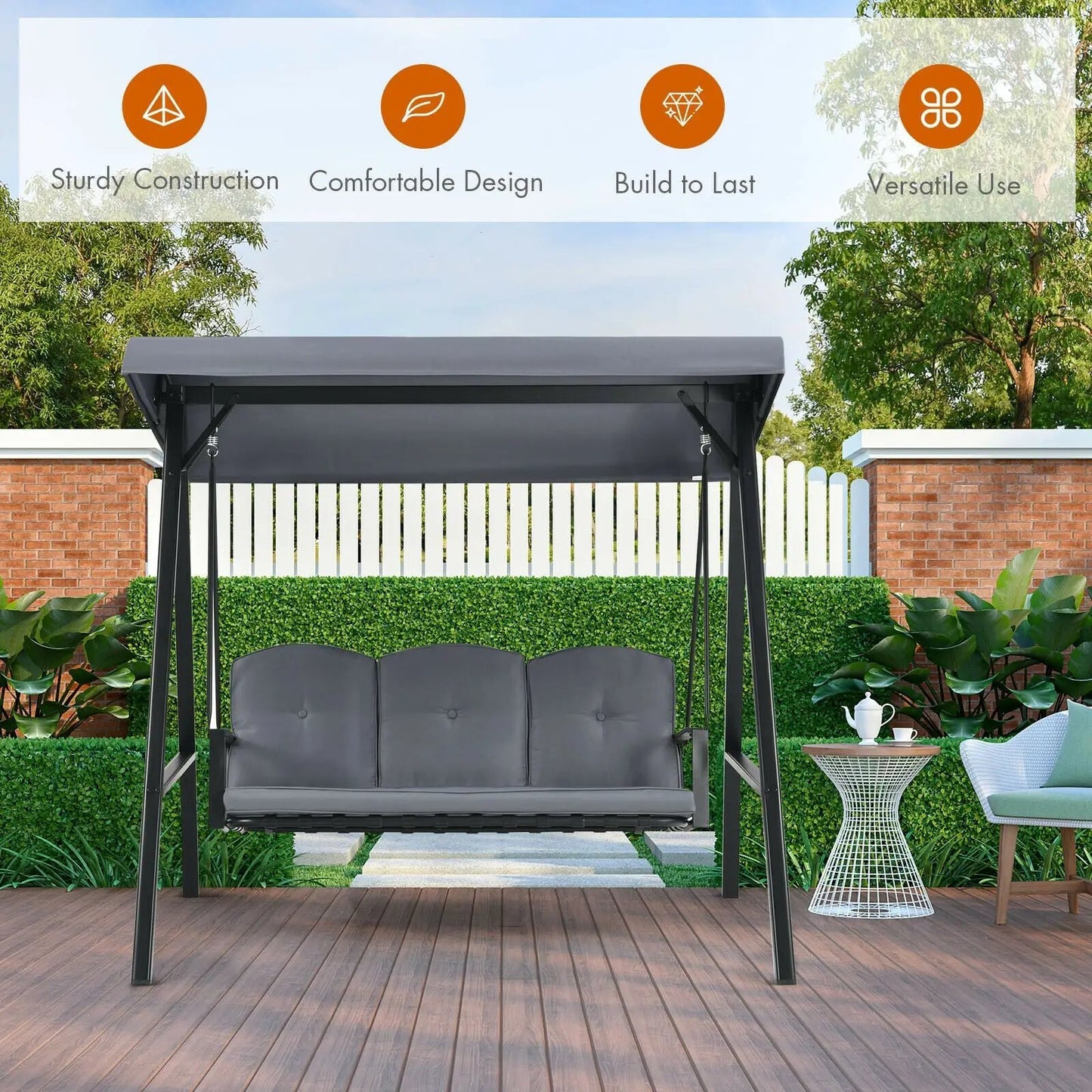Outdoor 3-Seat Porch Swing DirectDeals with adjustable canopy black frame and cushions on Tampa Home & Garden Store