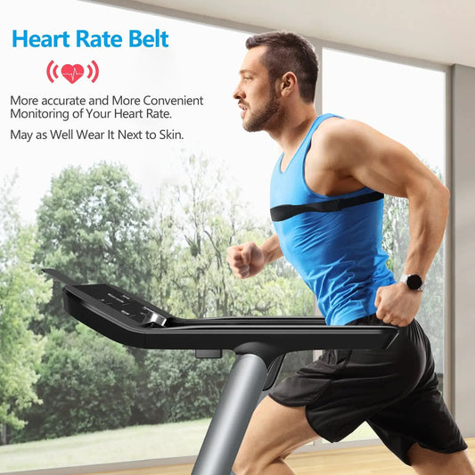 Italian Designed Folding Treadmill with Heart Rate Belt worn by man in blue shirt at home on Tampa Home & Garden Store
