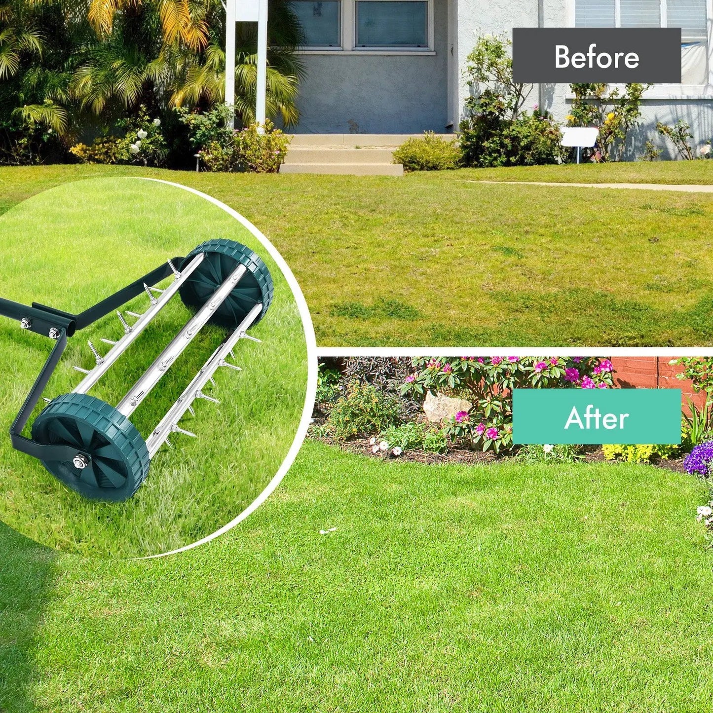 DirectDeals 18-inch rolling lawn aerator with handle and green spike roller on Tampa Home & Garden Store