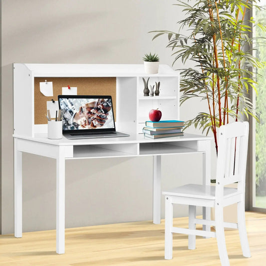 White kids desk and chair set with hutch and storage shelves, laptop on desk on Tampa Home & Garden Store