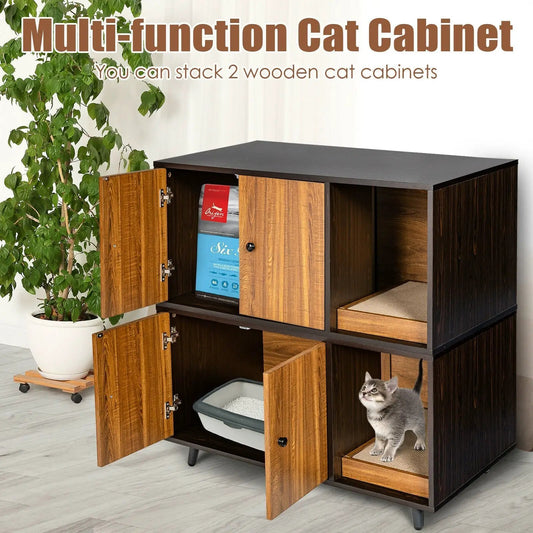 Wood cat litter box enclosure with doors in dark finish, open doors reveal litter tray on Tampa Home & Garden Store