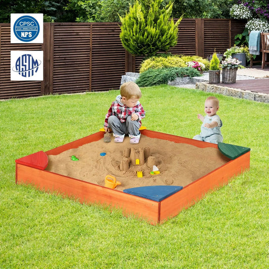 Kids outdoor wooden sandbox with corner seating, orange frame and blue seats, two kids on Tampa Home & Garden Store