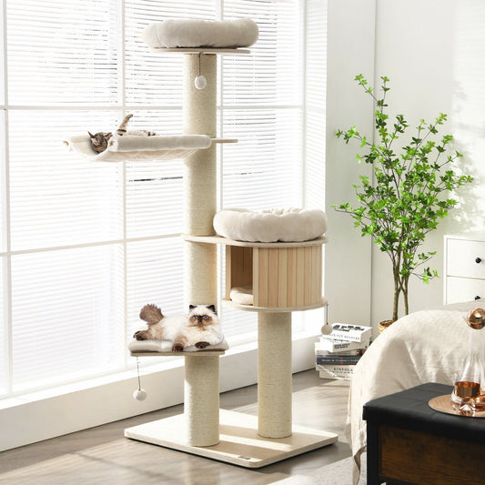 4-Layer 68.5-Inch Wooden Cat Tree Condo Activity Tower with Sisal Posts-Natural - Tampa Home & Garden Store