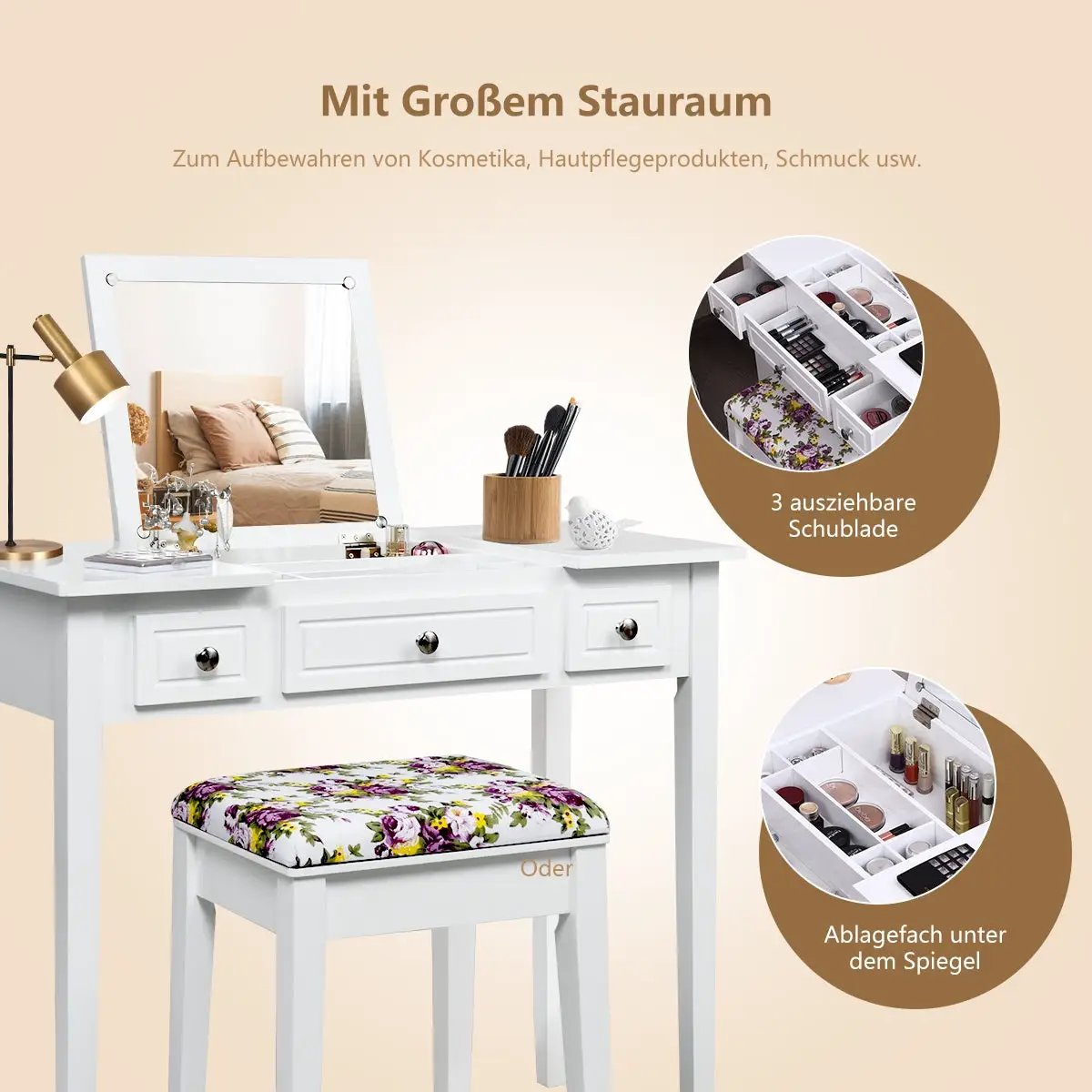 Vanity Dressing Table Set with Flip Top Mirror and 3 Drawers - Tampa Home & Garden Store