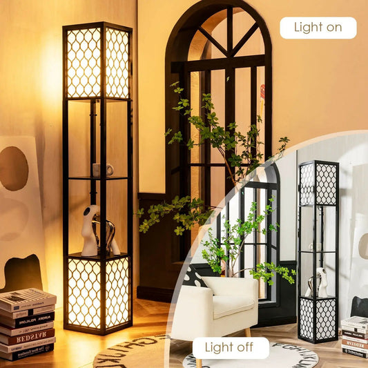 Modern Shelf Floor Lamp with Double Pull Chain, tall black metal frame with lattice panels on Tampa Home & Garden Store