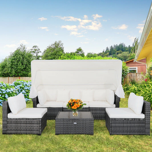 6 Pieces Patio Rattan Furniture Set with Retractable Canopy - Tampa Home & Garden Store