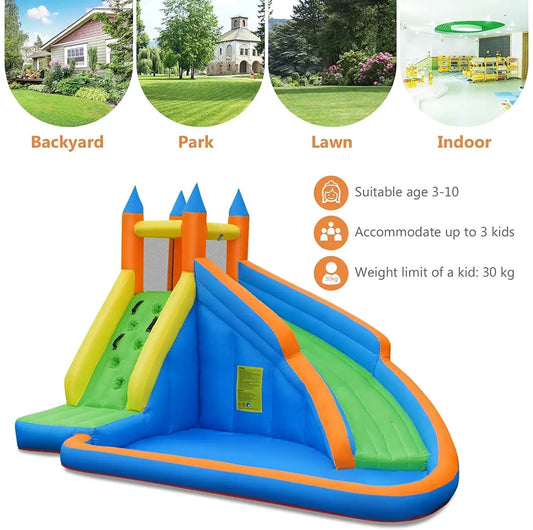 Colorful kids inflatable water slide bouncing house in blue, green, and orange on Tampa Home & Garden Store