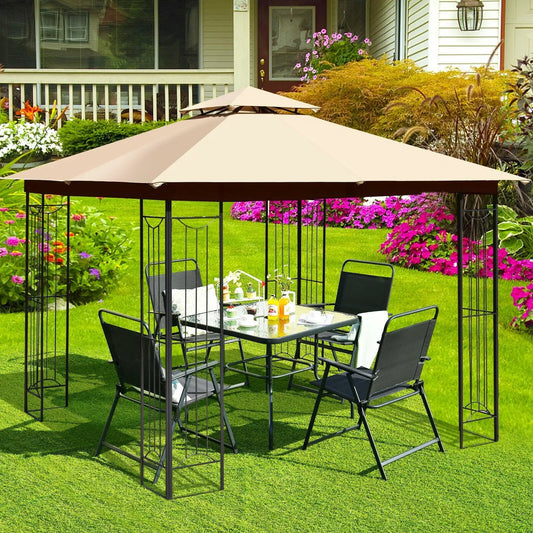10 x 10 Feet L-Shaped Patio Canopy Gazebo Outdoor 2-Tier Steel Tent-Beige - Tampa Home & Garden Store