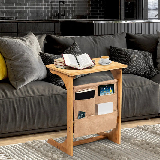 DirectDeals bamboo sofa table with storage bag end table, natural finish with fabric pockets on Tampa Home & Garden Store