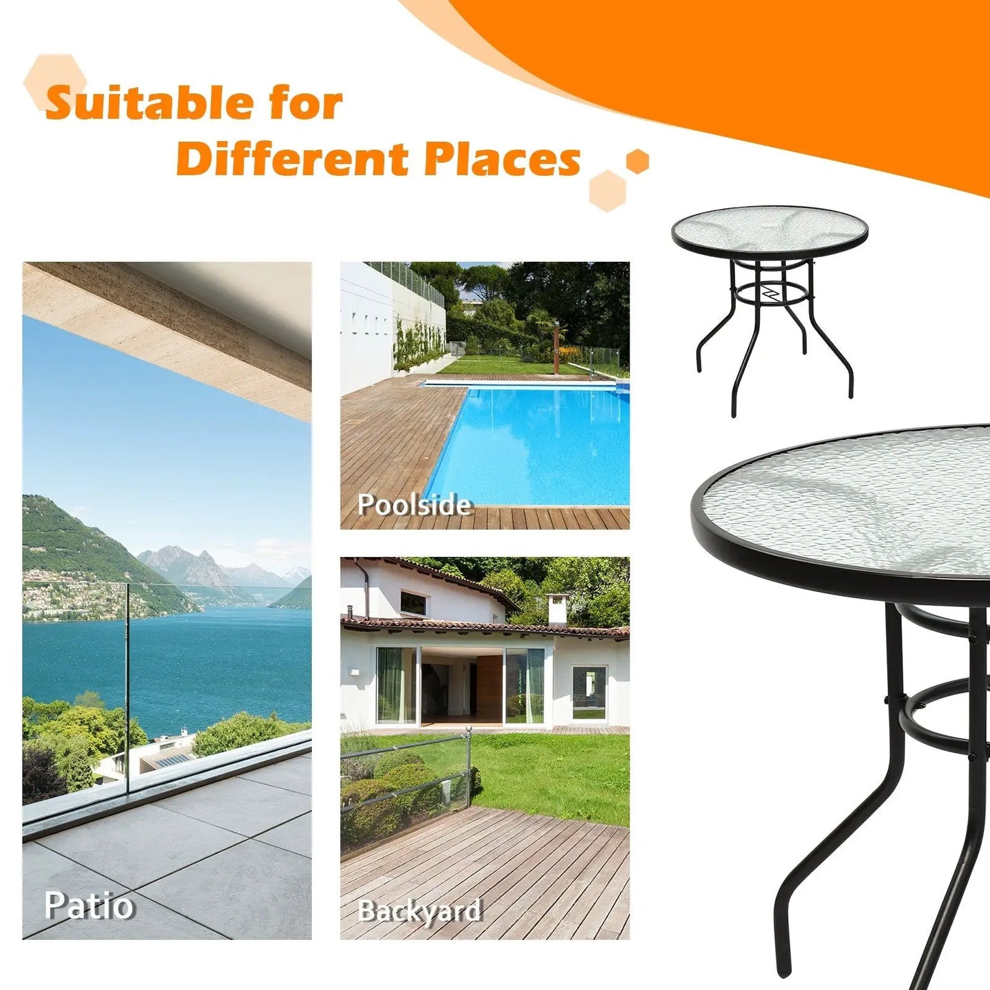 32 Inch Patio Tempered Glass Steel Frame Round Table with Convenient Umbrella Hole - Tampa Home & Garden Store