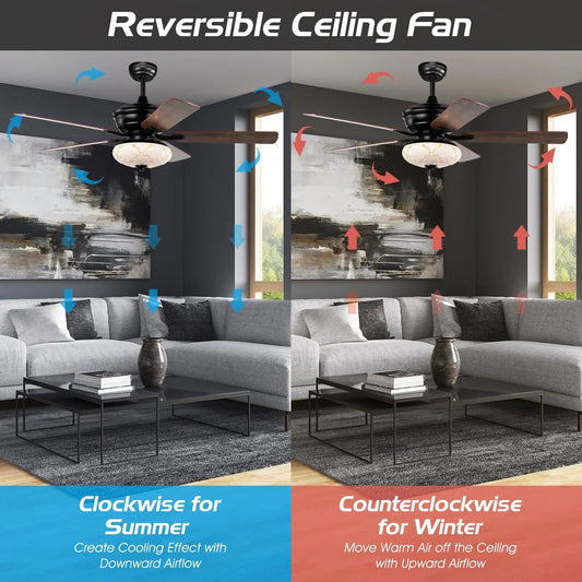 52in ceiling fan with 5 blades, black housing; two units shown with seasonal airflow arrows on Tampa Home & Garden Store