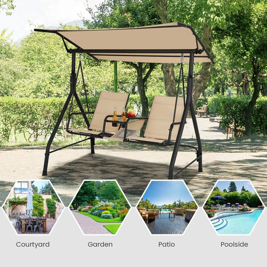 2-Seat Outdoor Cushioned Porch Swing with Adjustable Canopy and Tempered Glass Table-Beige - Tampa Home & Garden Store