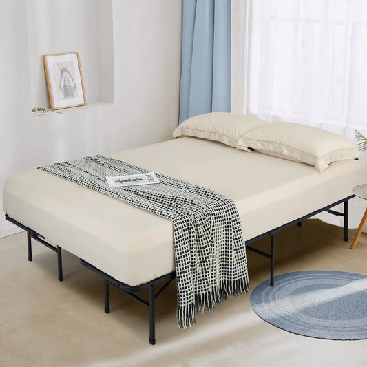 King Size Folding Steel Platform Bed Frame DirectDeals black metal frame with bedding on Tampa Home & Garden Store
