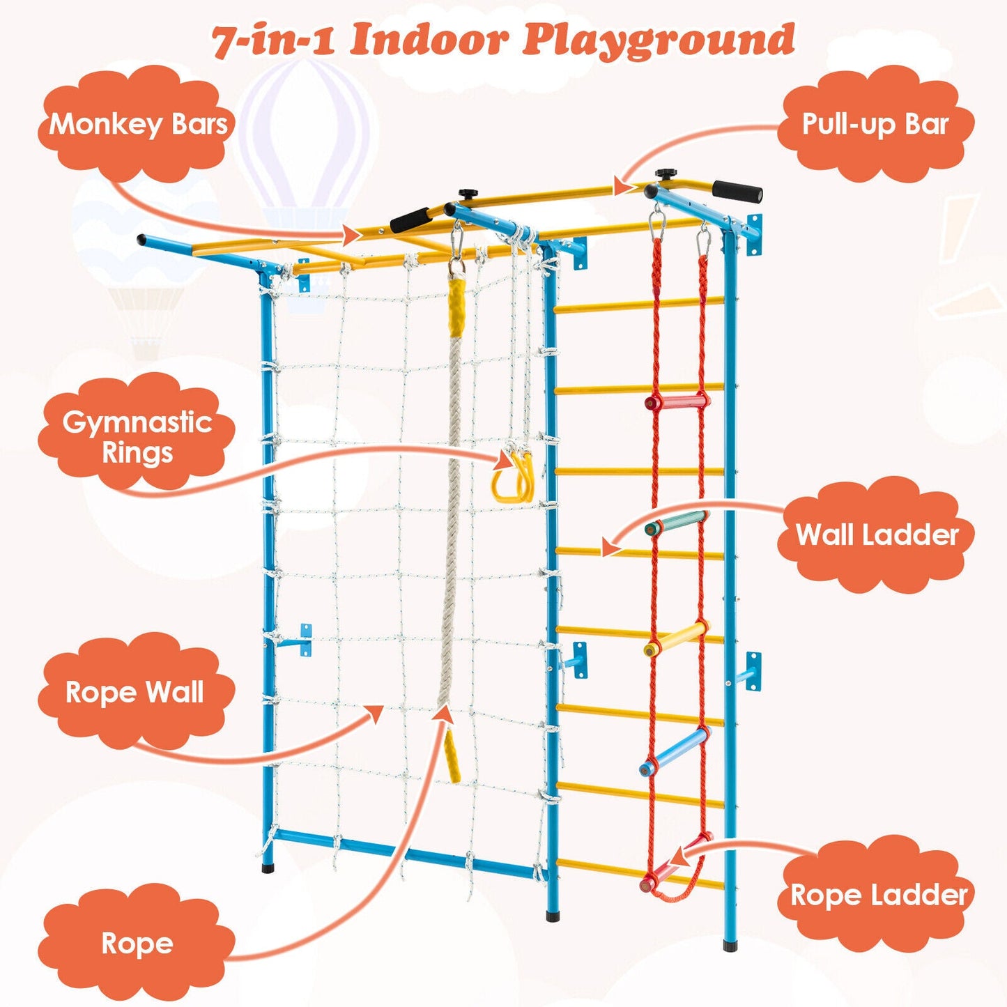 7-in-1 Kids Indoor Swedish Wall Ladder blue yellow rungs rope wall rope ladder DirectDeals on Tampa Home & Garden Store