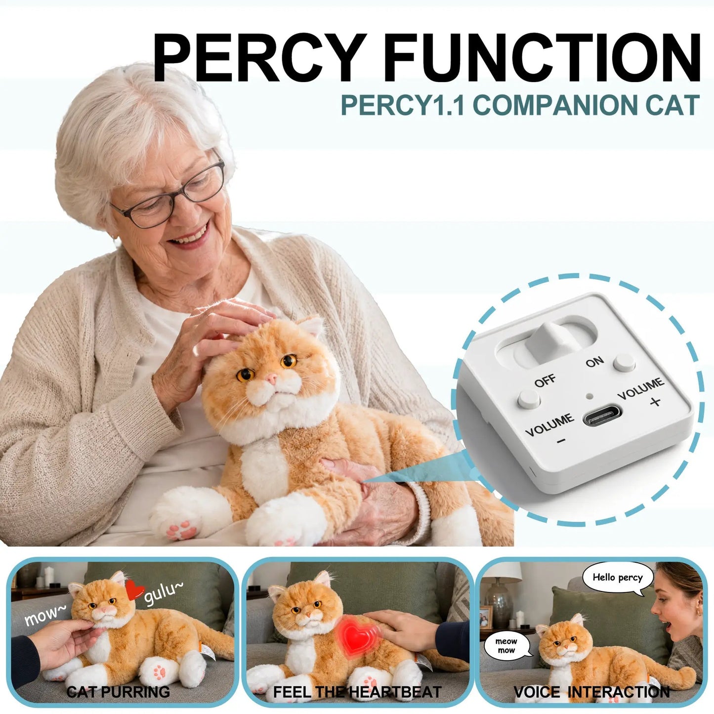 Percy Robot Cat interactive plush by Chongker; orange fur, soft plush, held by a senior woman on Tampa Home & Garden Store