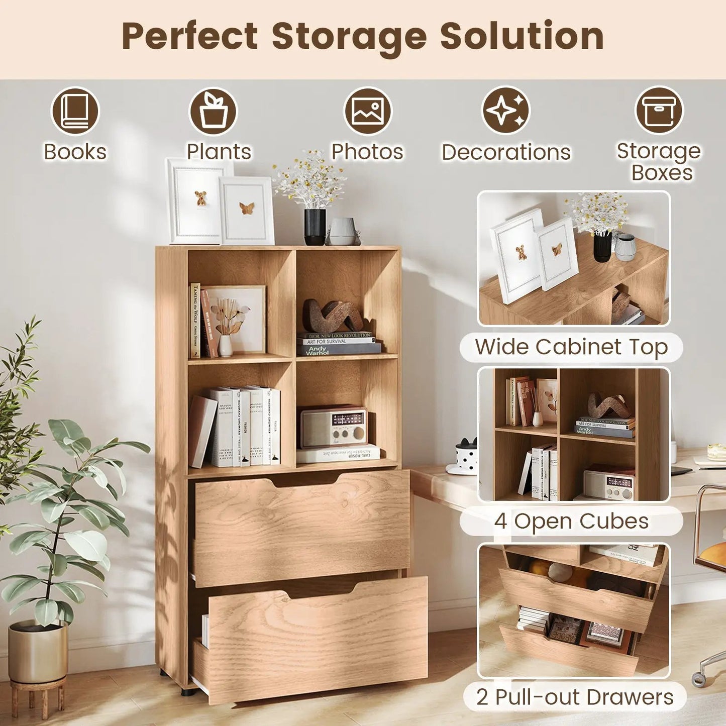 DirectDeals 4-Cube Bookcase with 2 Drawers, 51 inch tall, light oak finish, modular storage on Tampa Home & Garden Store