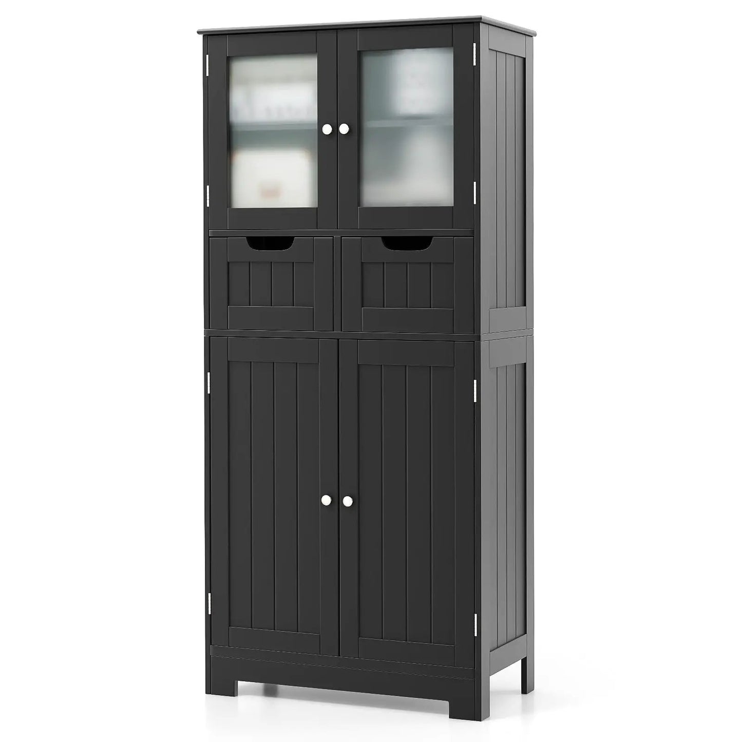 4 Door Freee-Standing Bathroom Cabinet with 2 Drawers and Glass Doors-Gray - Tampa Home & Garden Store