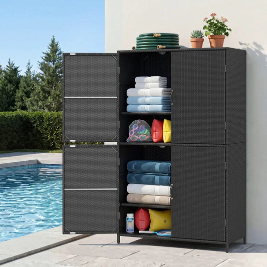 Rattan vertical storage shed by DirectDeals with adjustable shelves in black wicker on Tampa Home & Garden Store