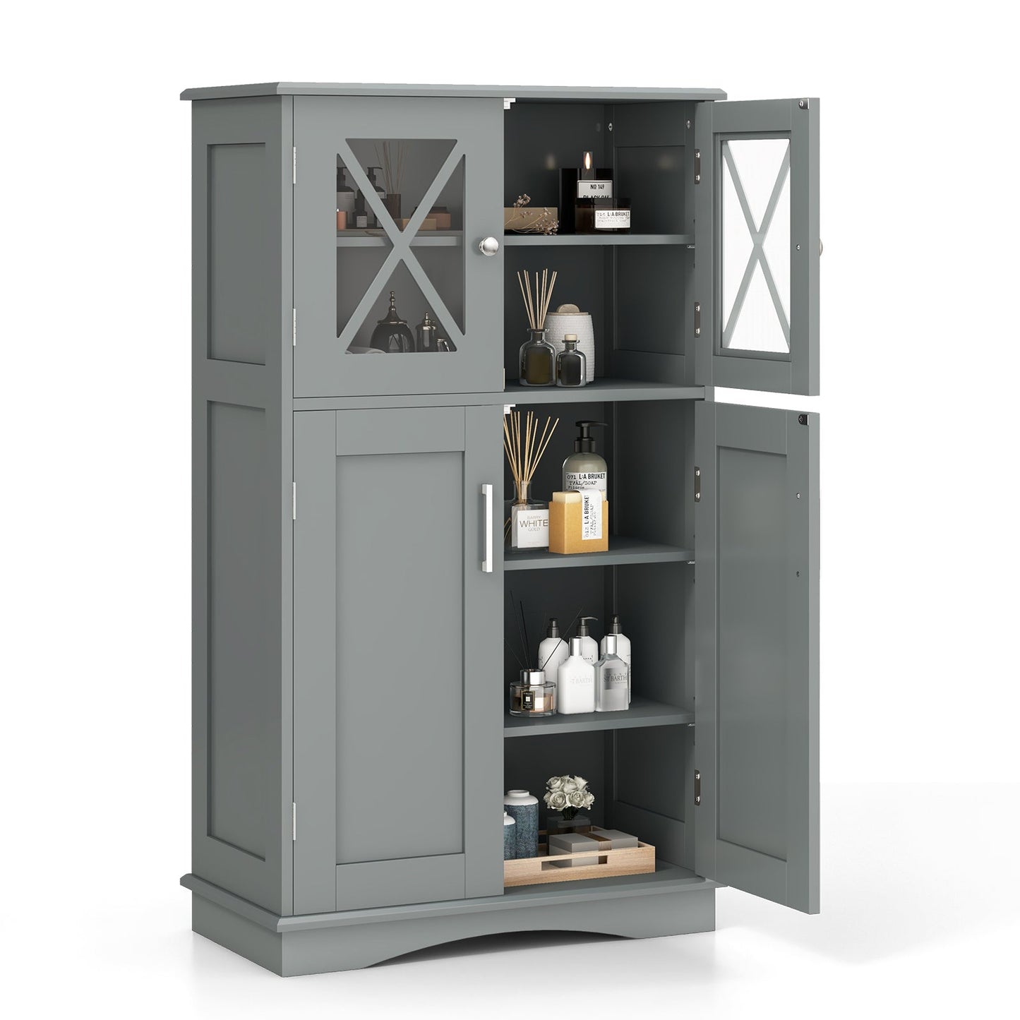 4-door freestanding bathroom cabinet in gray with glass doors featuring X-cross panels and adjustable shelves on Tampa Home & Garden Store