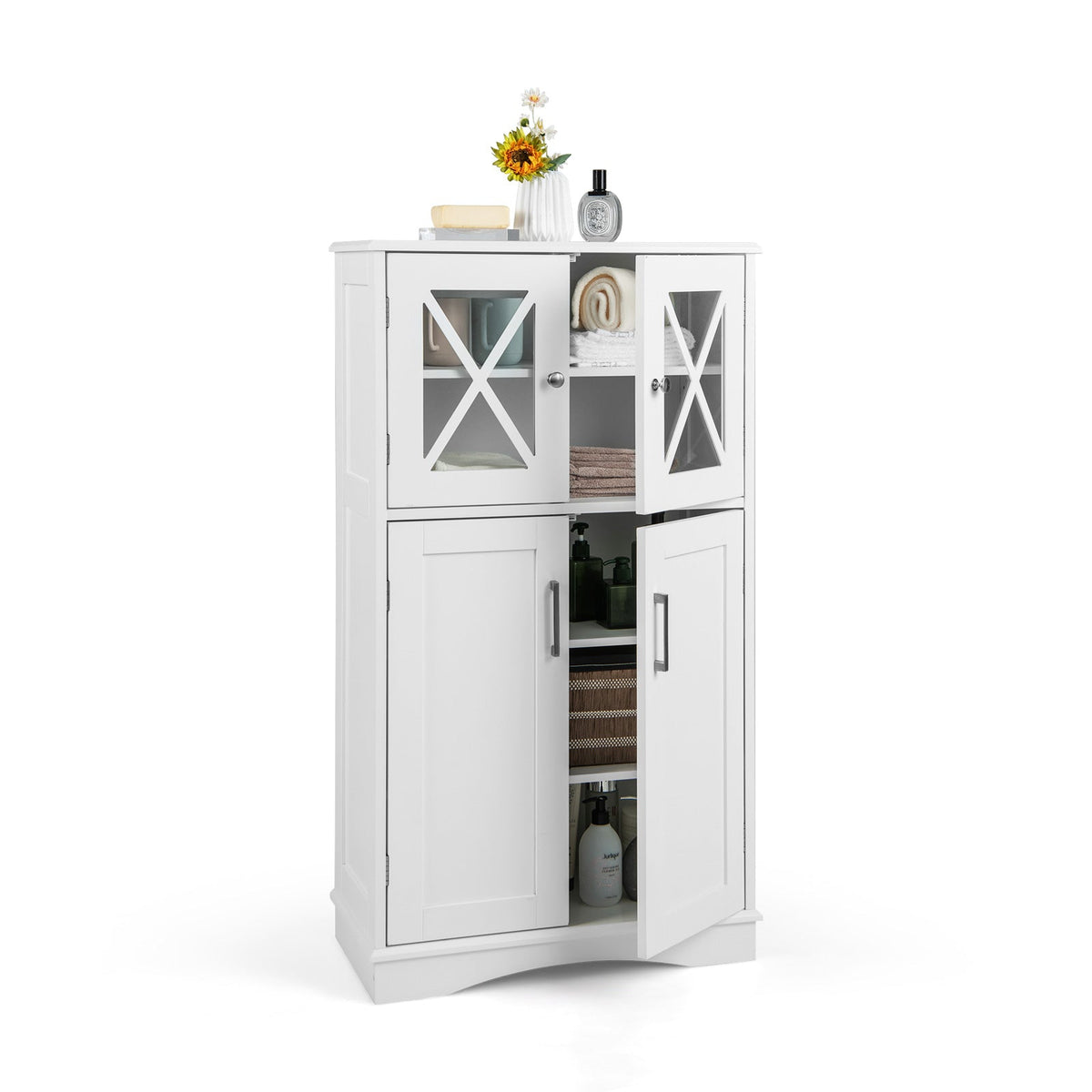 White DirectDeals 4-door freestanding bathroom cabinet with glass doors and adjustable shelves on Tampa Home & Garden Store