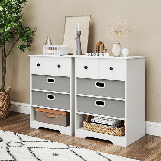 Pair of white Modern 4-Drawer Dressers with open shelves and gray fabric bins on Tampa Home & Garden Store