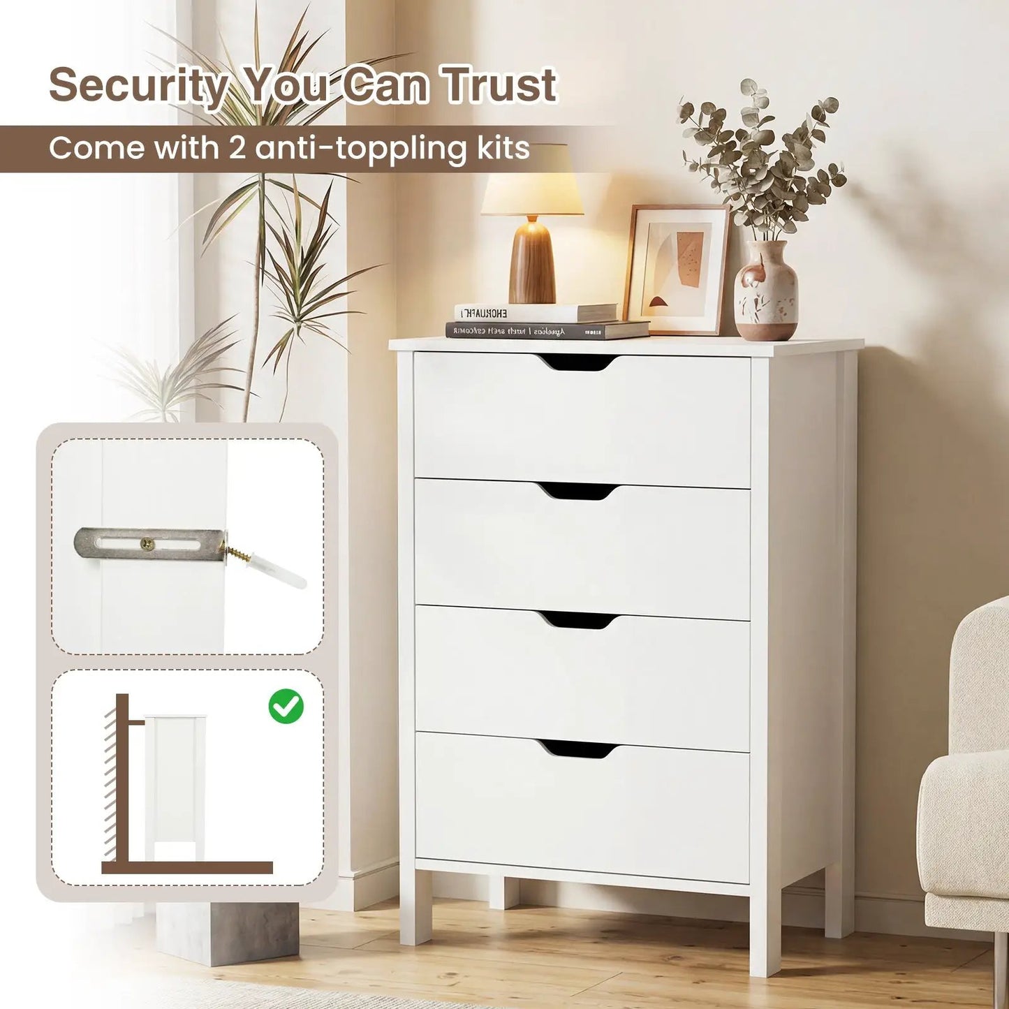 Four-drawer white nightstand with anti-tip kits by DirectDeals on Tampa Home & Garden Store