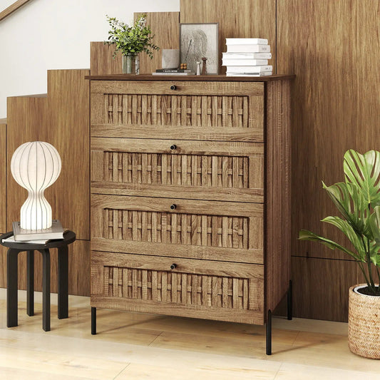 Oak 4-Drawer Dresser with interlocking front panels and black metal legs on Tampa Home & Garden Store