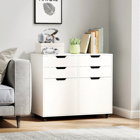 White 4-drawer file cabinet on wheels with black recessed handles for home office storage on Tampa Home & Garden Store