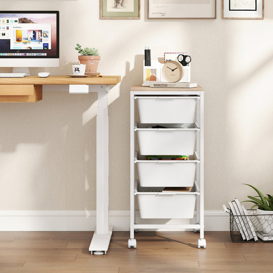 4-Drawer Rolling Storage Cart Mobile Utility Organizer with Wooden Tabletop and Lockable Wheels-White - Tampa Home & Garden Store