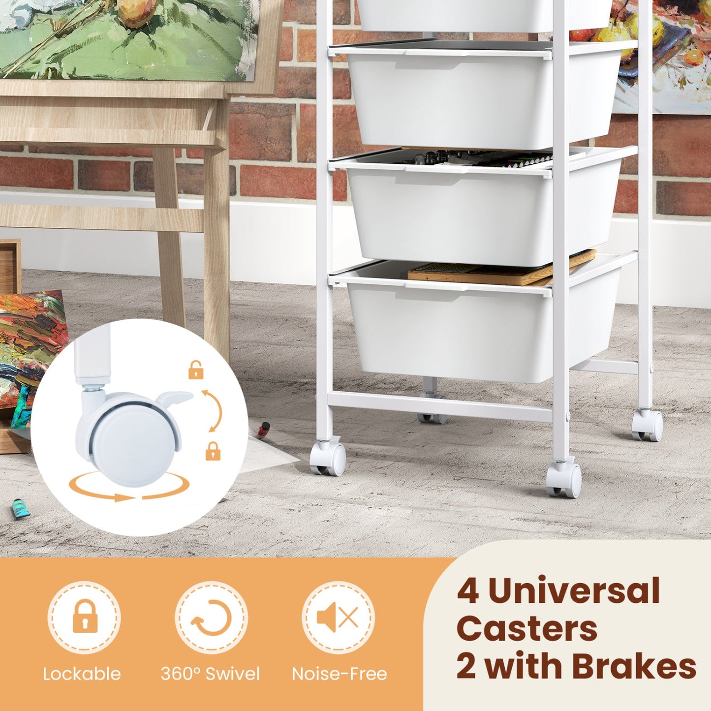 4-Drawer Rolling Storage Cart Mobile Utility Organizer with Wooden Tabletop and Lockable Wheels-White