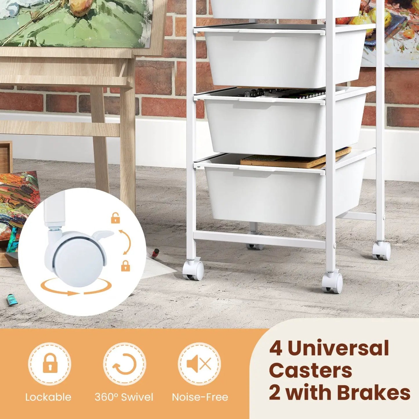 DirectDeals 4-drawer rolling storage cart with wooden top white bins on a metal frame with lockable caster wheels on Tampa Home & Garden Store