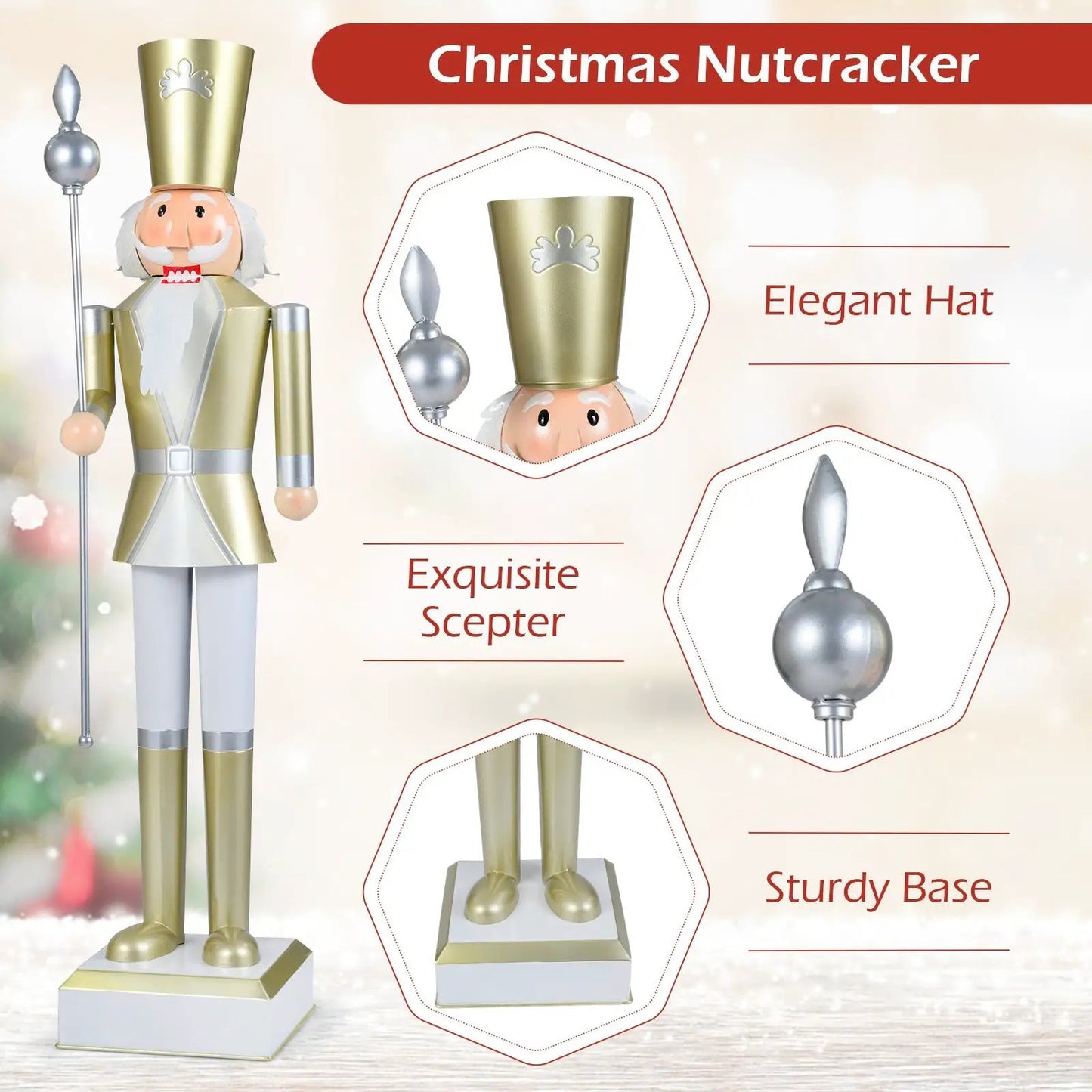 4 ft Christmas Nutcracker DirectDeals with gold hat and silver scepter on sturdy base on Tampa Home & Garden Store