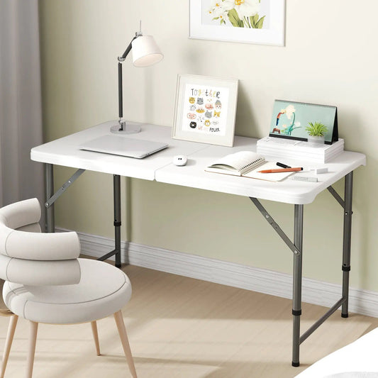 Camping Table with HDPE top and metal legs, white folding table with laptop and lamp on Tampa Home & Garden Store