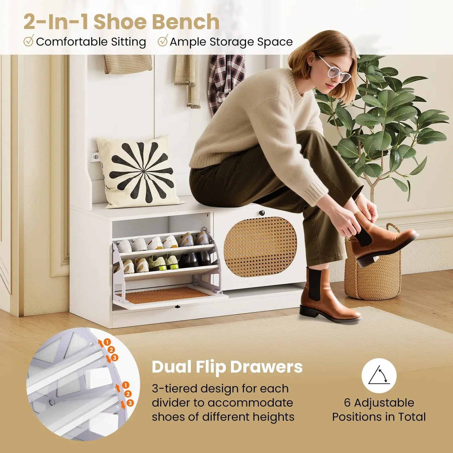 4-in-1 hall tree with coat rack and dual flip drawers, white storage bench with shoe cubbies on Tampa Home & Garden Store