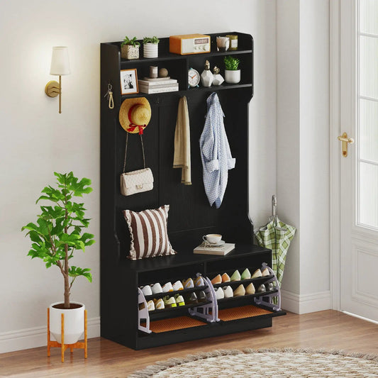 4 in 1 Hall Tree with Coat Rack and Flip Drawers DirectDeals black finish on Tampa Home & Garden Store