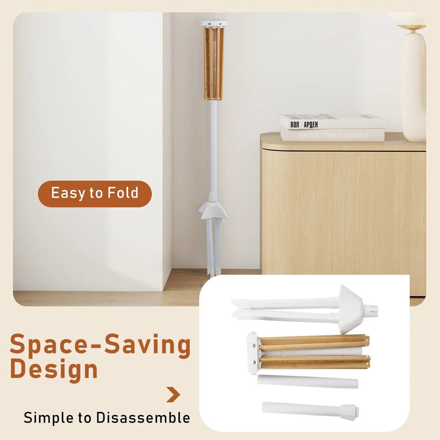 Foldable clothes drying rack with bamboo rods, white frame, compact 4-leg design on Tampa Home & Garden Store