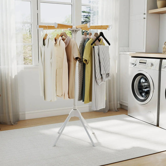 Foldable Clothes Drying Rack with Bamboo Rods, white frame, four legs, clothes hanging on Tampa Home & Garden Store