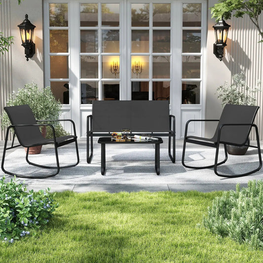 4-piece patio rocker set with black metal frames and a glass top table for outdoor seating on Tampa Home & Garden Store