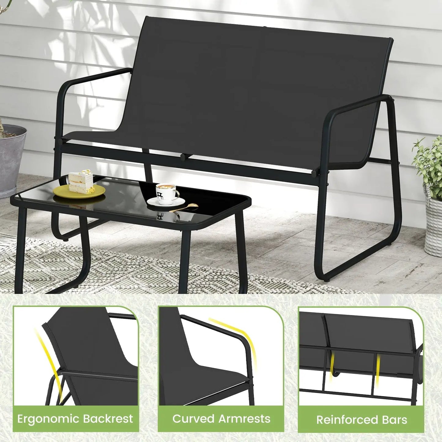 Patio Rocker Set with Glass Table, Black Outdoor Furniture by DirectDeals on Tampa Home & Garden Store