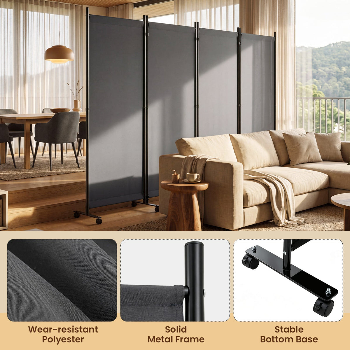 4-panel folding room divider on wheels, 71.5 tall, DirectDeals dark gray fabric panels on Tampa Home & Garden Store