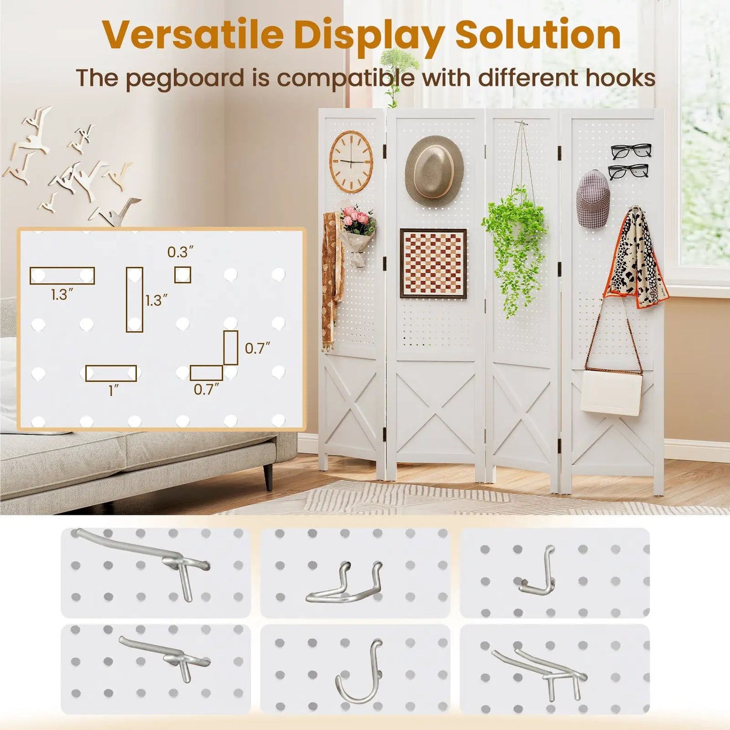 Quad 4-panel pegboard display stand folding room divider white with hooks by DirectDeals on Tampa Home & Garden Store