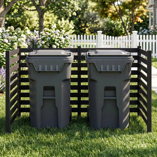 4-Panel wooden outdoor privacy fence with ground stakes behind a pair of gray trash bins on Tampa Home & Garden Store