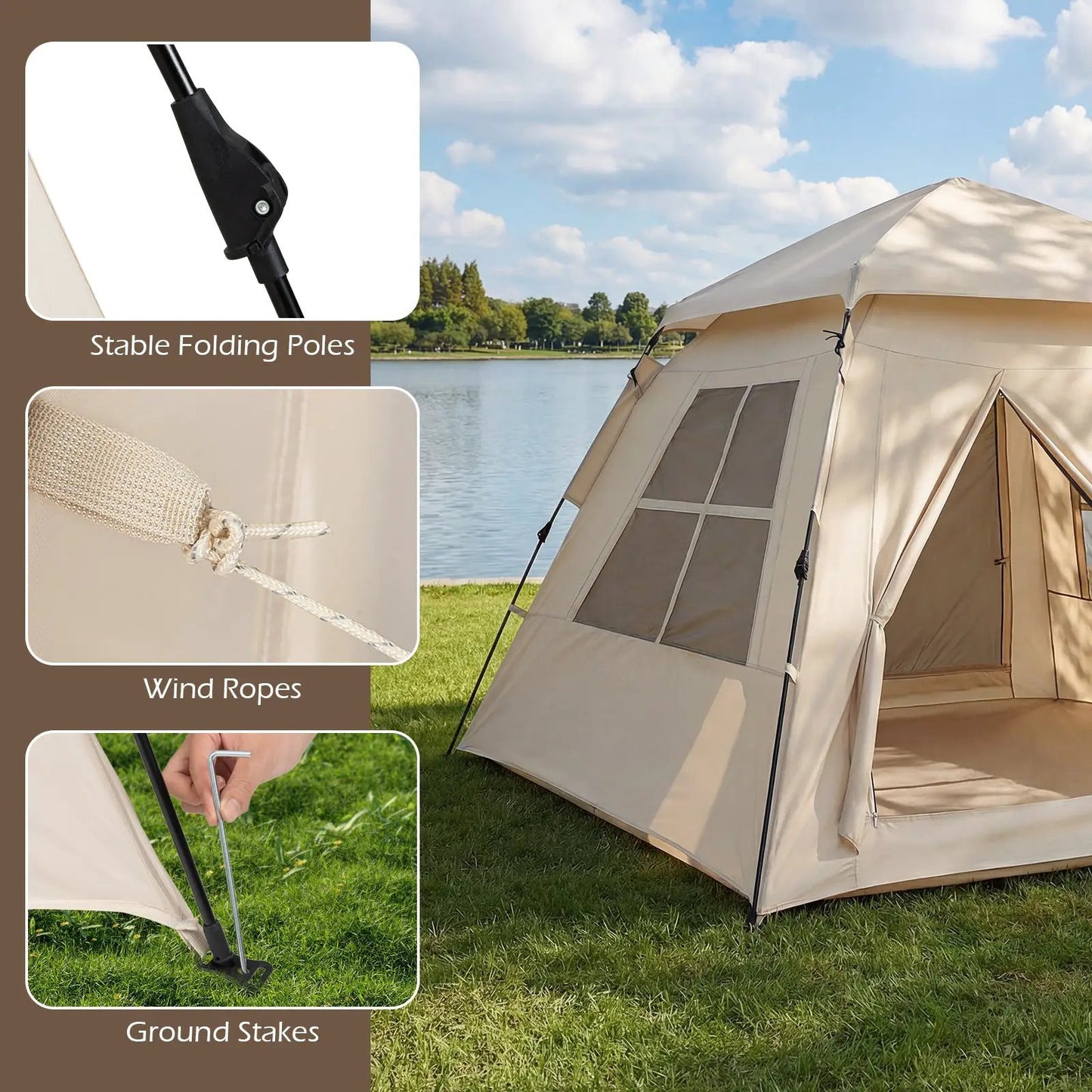 4-person tent with auto setup and rainfly beige, 2 doors, stable poles, stakes DirectDeals on Tampa Home & Garden Store
