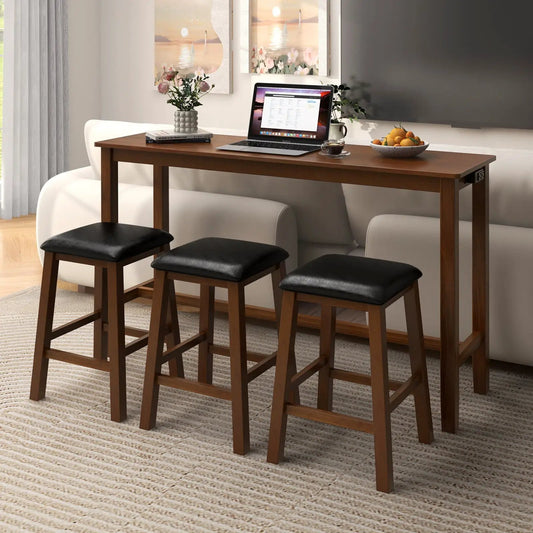 4-Piece bar table set with counter-height brown wood table and 3 black-padded stools on Tampa Home & Garden Store
