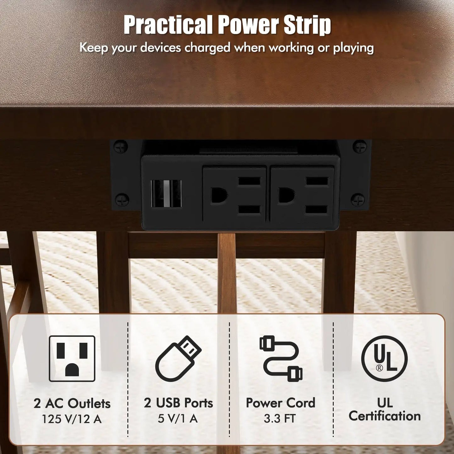 4-Piece Bar Table Set with Counter-Height Stools featuring built-in power strip on Tampa Home & Garden Store