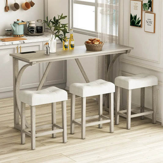 4-Piece Bar Table Set Power Outlet Stools in light gray wood finish with 3 stools on Tampa Home & Garden Store